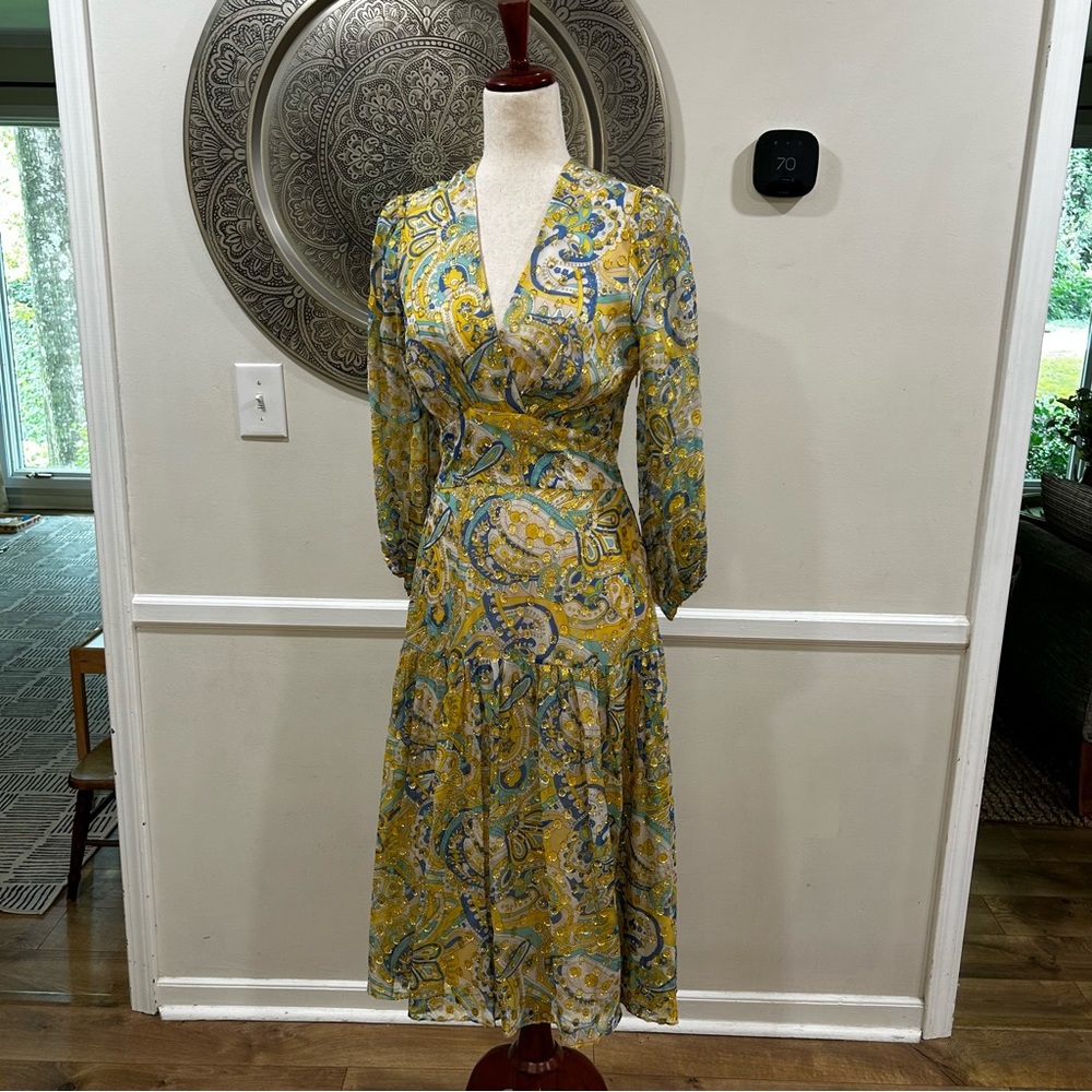 Shoshanna Aceline yellow metallic midi dress - Size 4